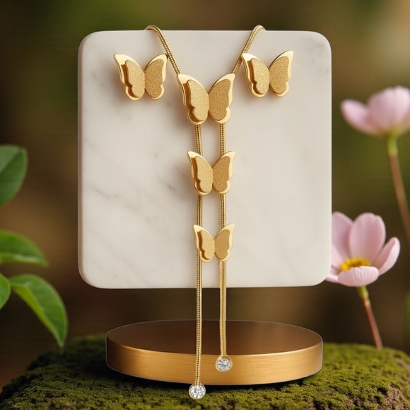 18k Gold Plated Lariat Necklace Earrings Set Stainless Steel Butterfly Y-Drop - Picture 11 of 11